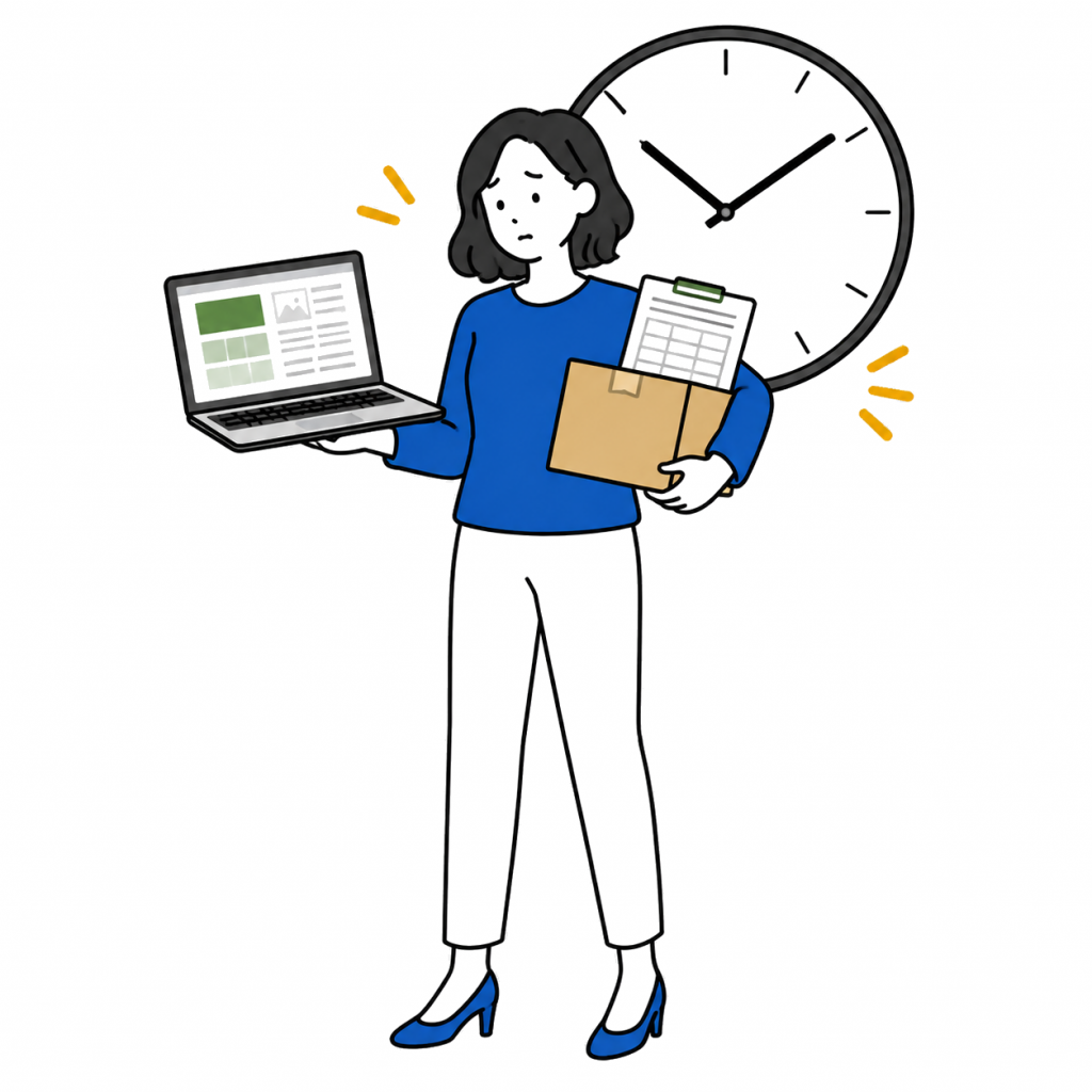 パソコン・荷物・書類を同時に抱え、背後の時計を気にしながら困っている女性のイラスト(本業とホームページ制作で時間を奪い合う様子を表現)