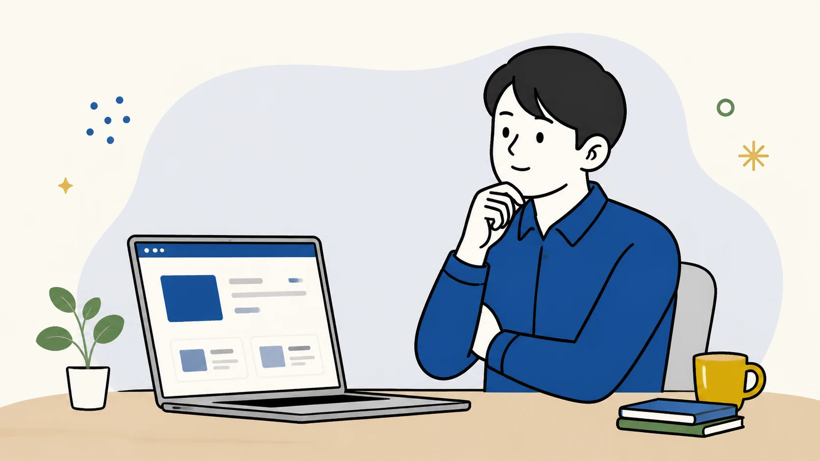 更新が止まった企業ブログを前に次のネタを考える担当者のイラスト