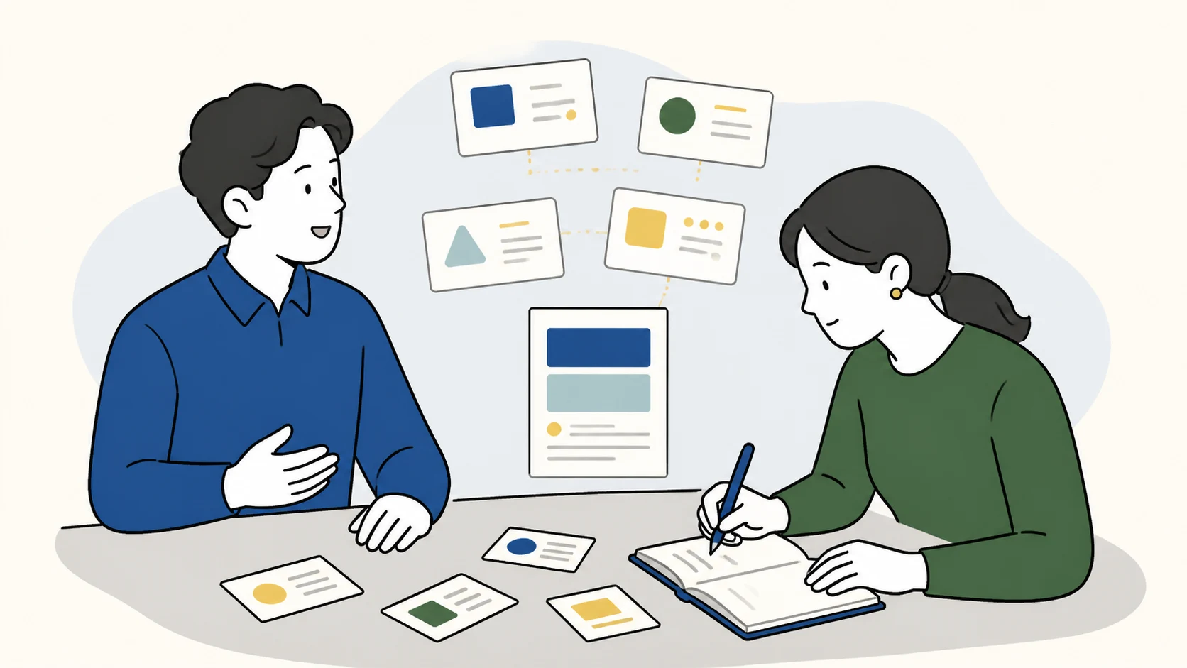 社内の何気ない会話からブログ記事のアイデアが生まれるイラスト