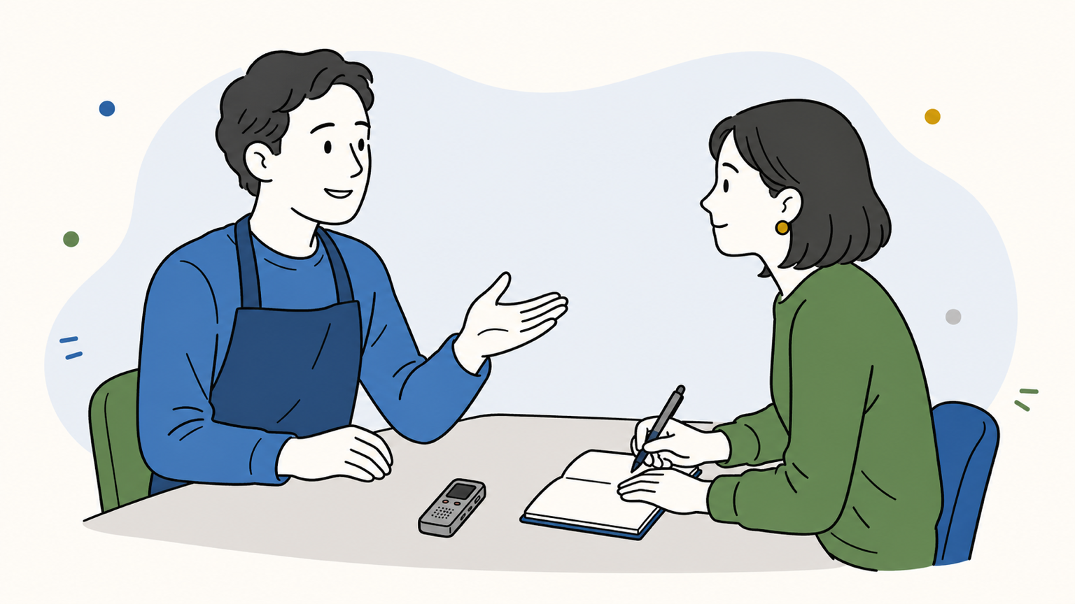 個人事業主へ取材しながらメモを取るライターのイラスト