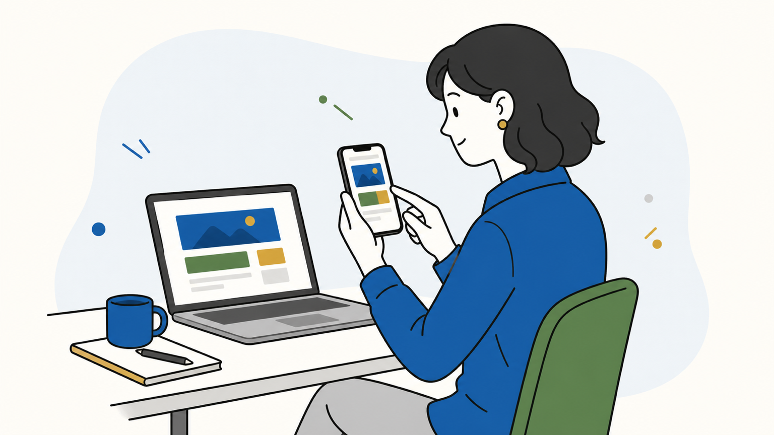 スマートフォンでホームページを更新する個人事業主のイラスト