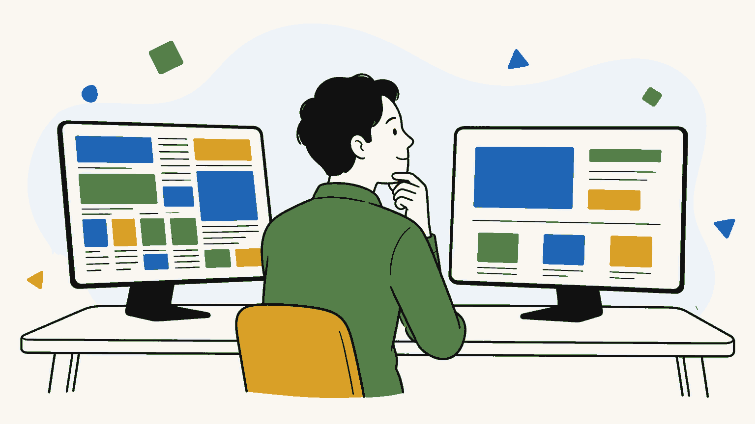 旧サイトと新サイトを見比べながら悩む経営者のイラスト