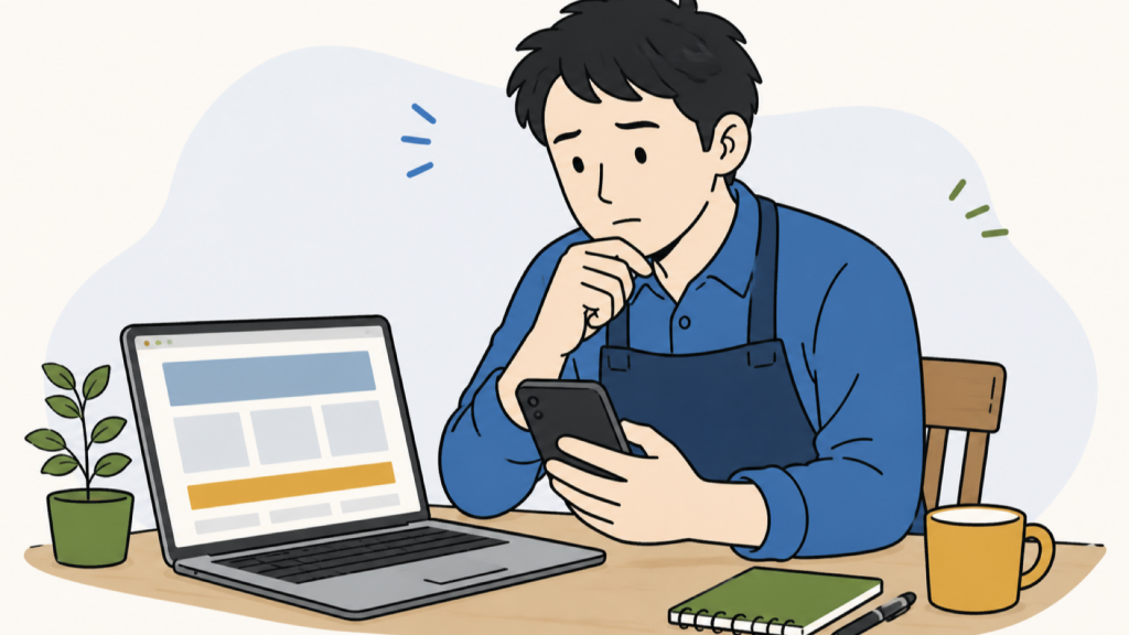 無料ホームページの管理画面を前に、パソコンとスマートフォンを見比べて考え込む個人事業主のイラスト
