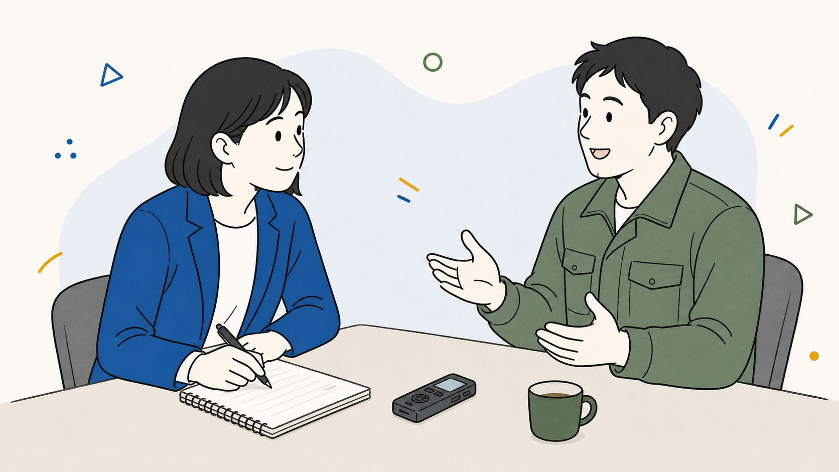 取材ノートとICレコーダーを前に経営者の話に耳を傾けるライターのイラスト