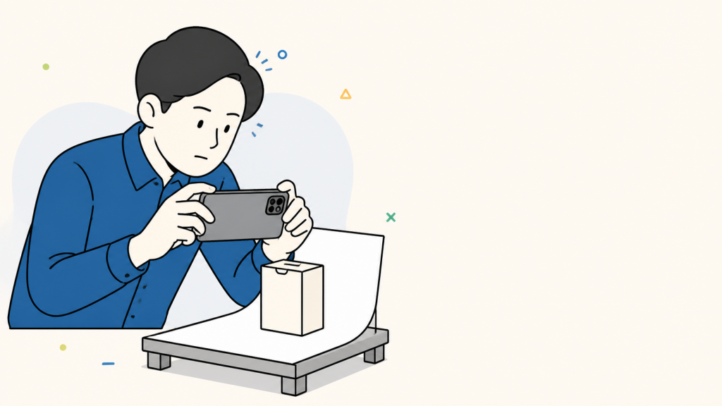 スマートフォンでの商品撮影に取り組む経営者のイラスト