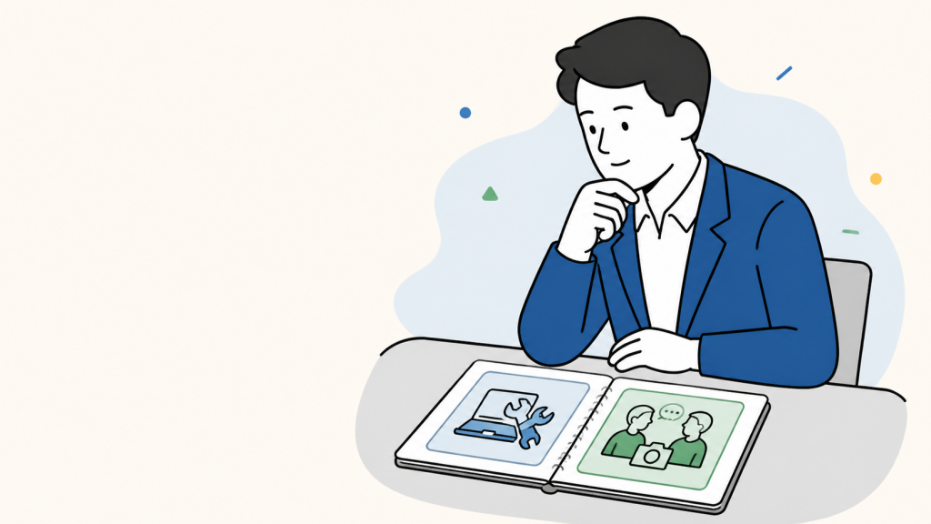自作と外注の2つの選択肢を見比べて検討する経営者のイラスト