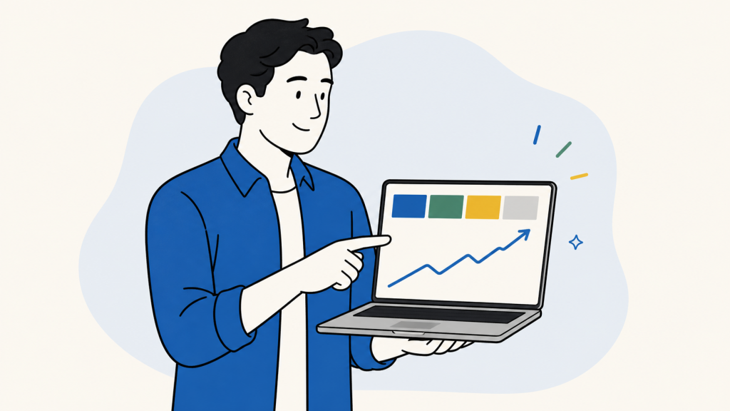 検索パフォーマンスの上向きグラフと指標を確認する人物のイラスト