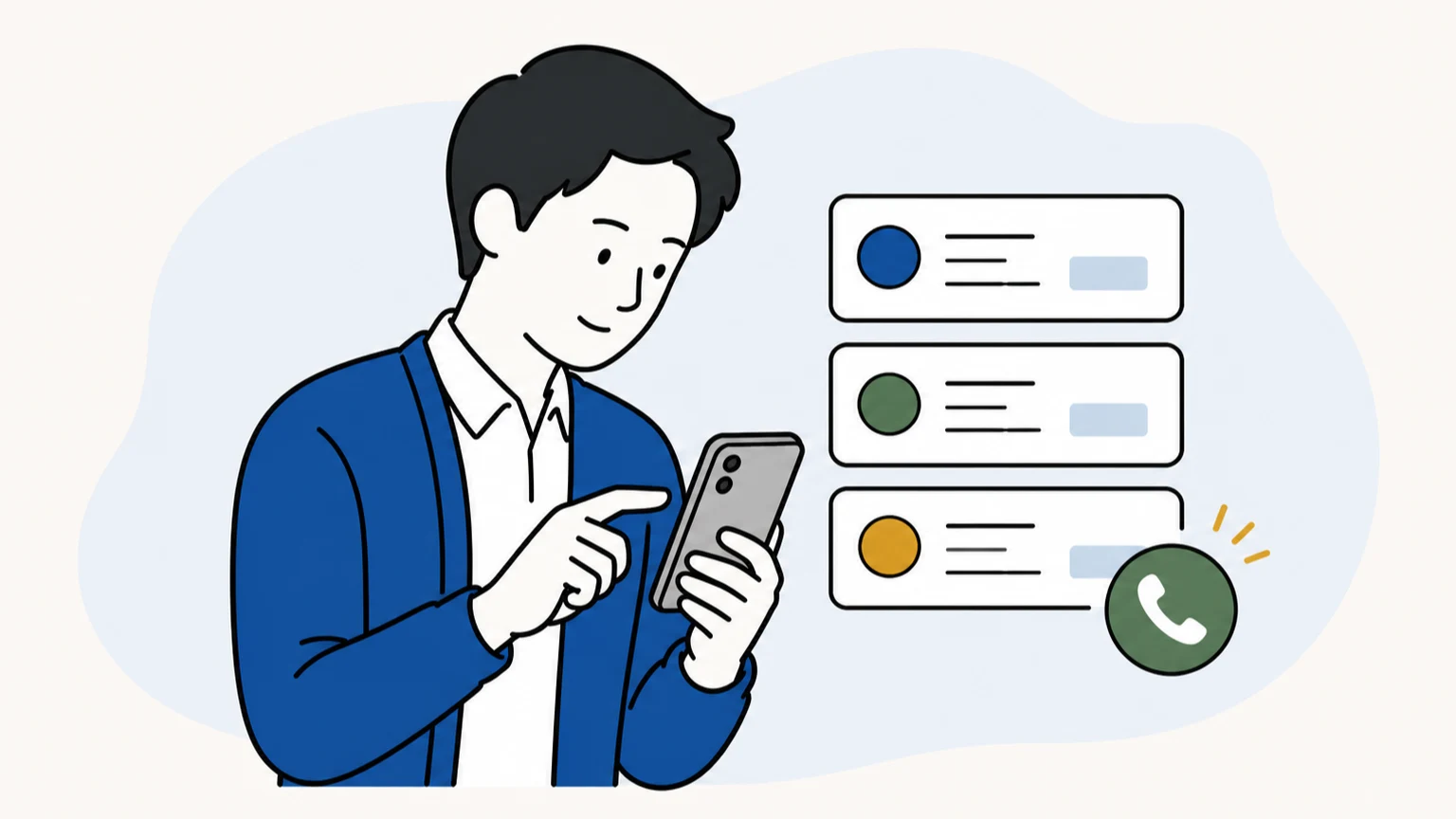 地域名と業種名をスマートフォンで検索する今すぐ客のイラスト