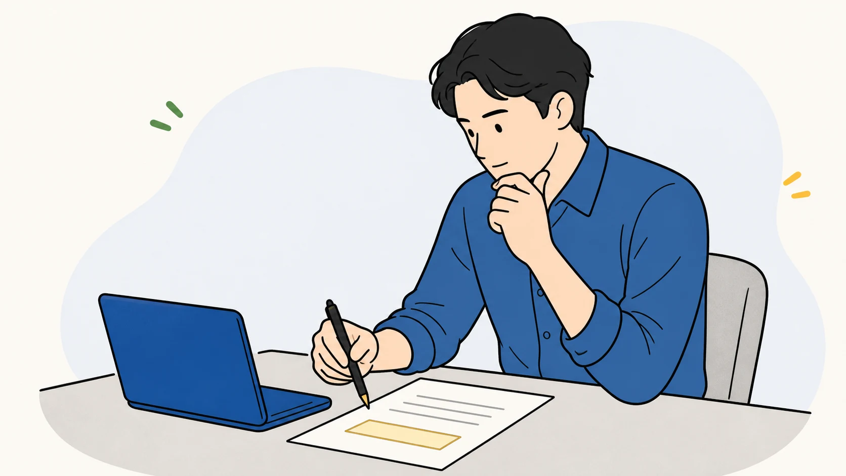 ホームページのリース契約書へのサイン前に立ち止まって考える経営者のイラスト
