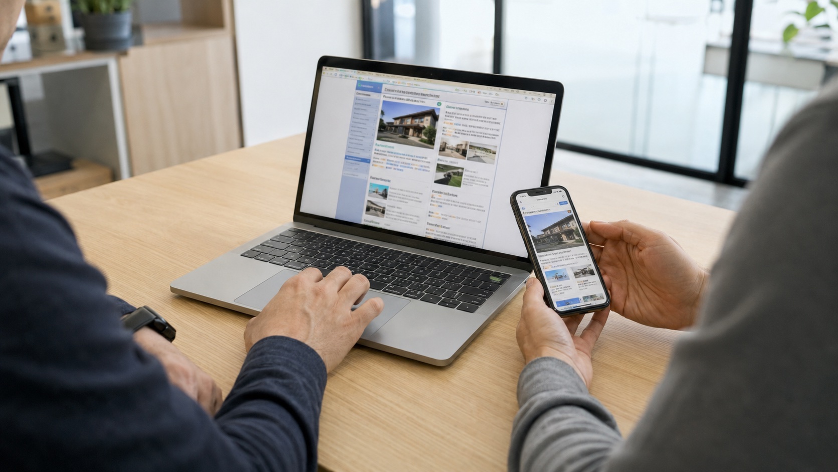 写真：古いPCとスマホを見比べる手元