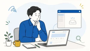 問い合わせが増えないホームページを見直す経営者のイラスト