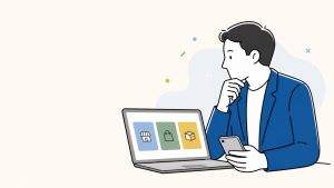 ノートPCとスマートフォンでネットショップサービスを比較検討する経営者のイラスト