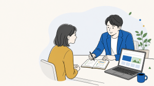 経営者の話を聞きながらノートに言葉を書き留めるWeb制作担当者のイラスト