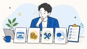 4つの比較軸でホームページ制作会社を比較検討するイメージ