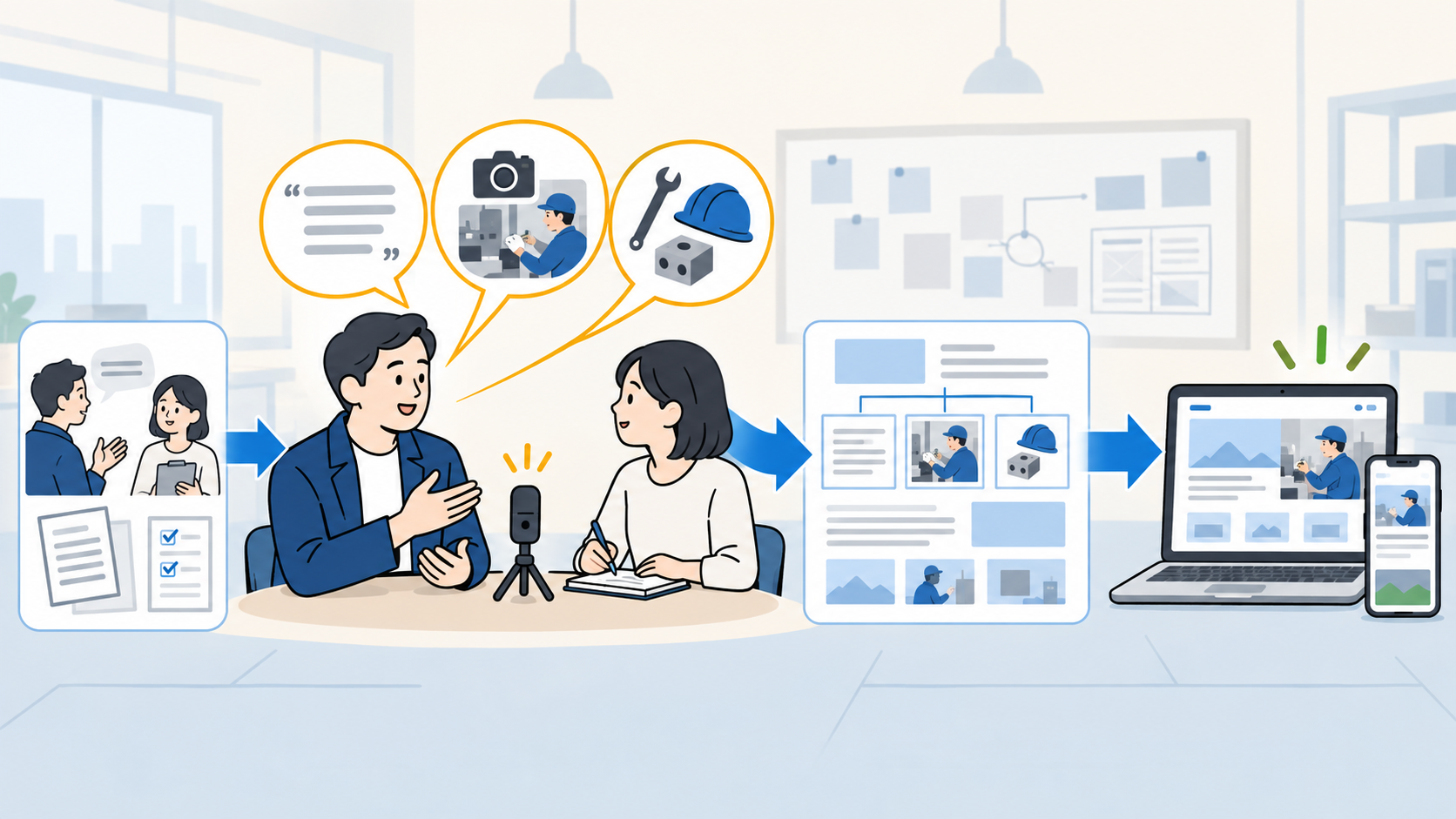 相談から取材、構成・原稿、完成サイトへとつながる制作プロセスのイラスト