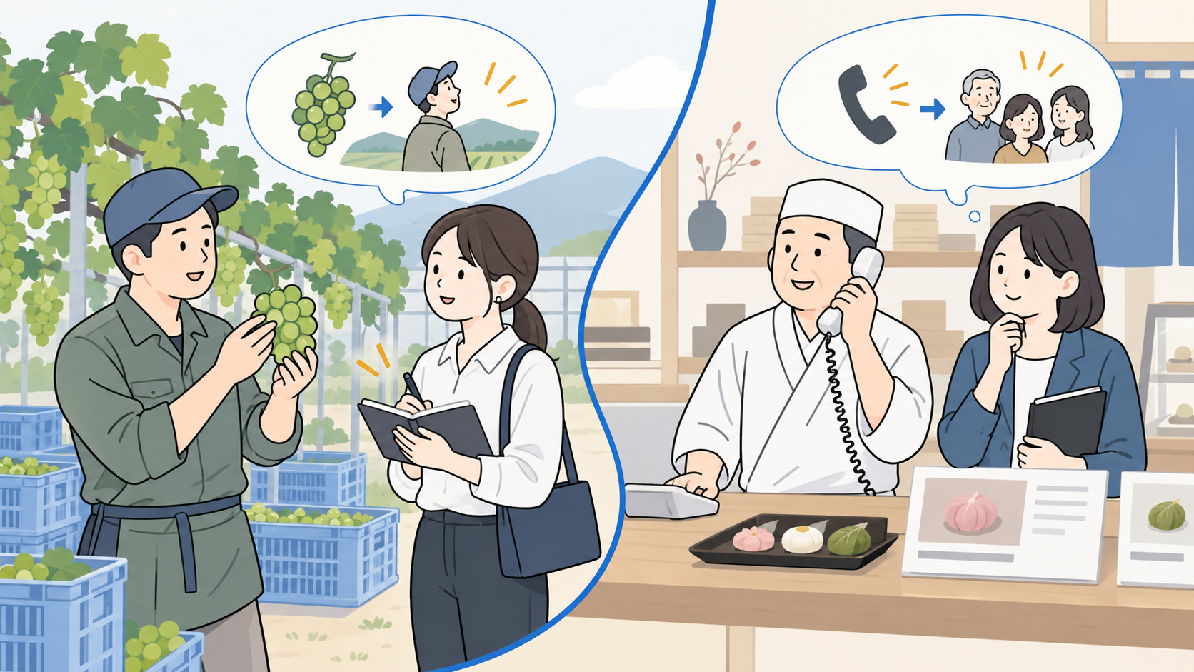 農園の姿勢を聞き取る場面と、和菓子店の電話注文を残す判断を表したイラスト
