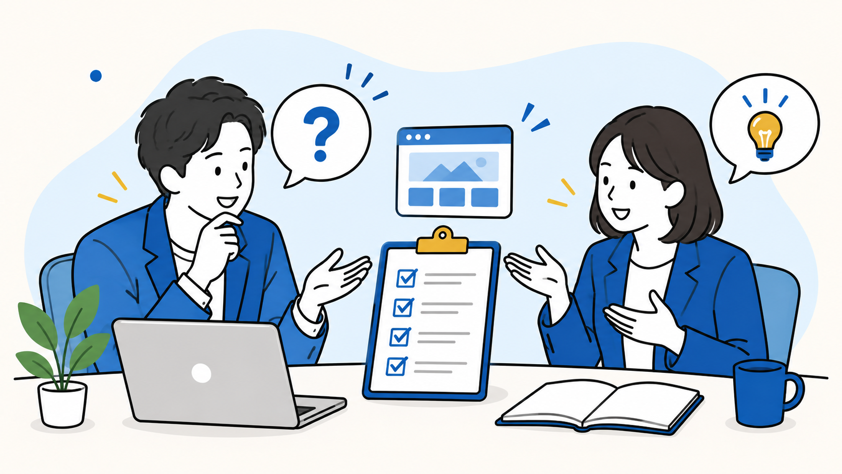制作会社への質問リストをチェックする様子を表した線画イラスト
