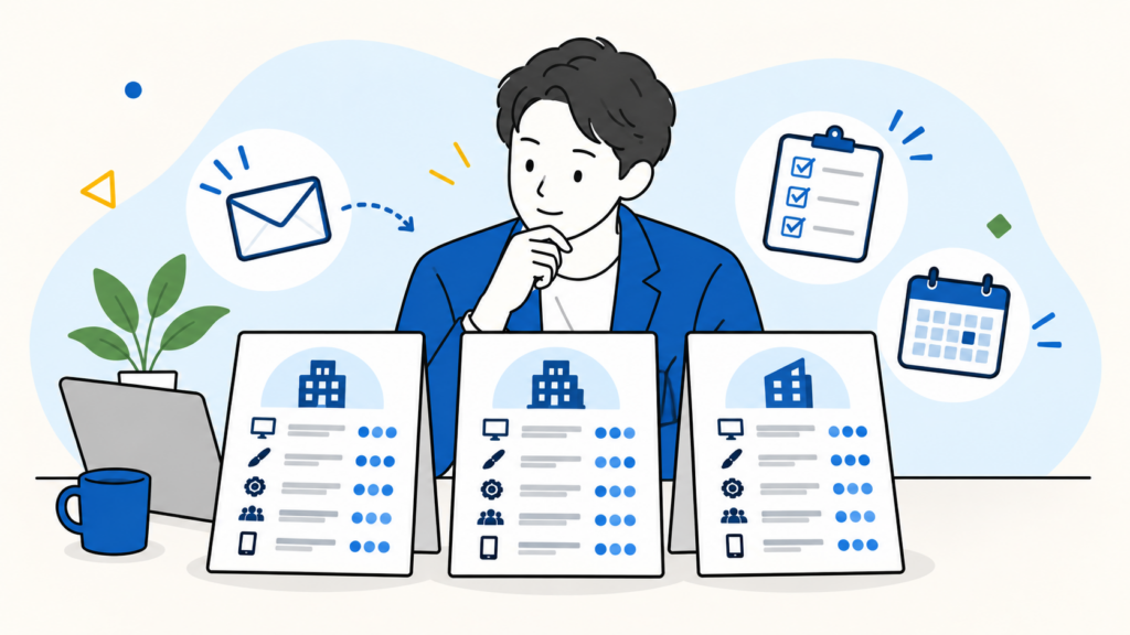 3社の見積もり書を前に相見積もりの取り方を考えるビジネスパーソンのイラスト