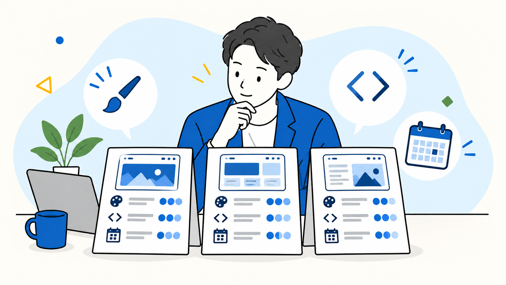 3社の見積もりを並べて比較検討するビジネスパーソンのイラスト