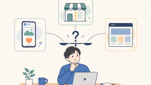個人事業主がSNS・ポータルサイト・自社ホームページのどれが必要か検討しているイラスト