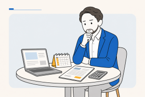 ホームページの保守運用費用の見積書とカレンダー、電卓を前に思案する男性のイラスト